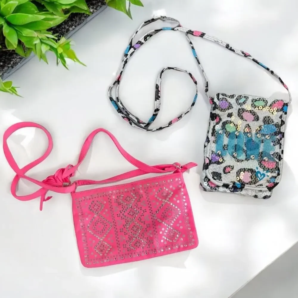 Lot of 2 Justice Purses Pink with Straps and White Blue Cheetah Print